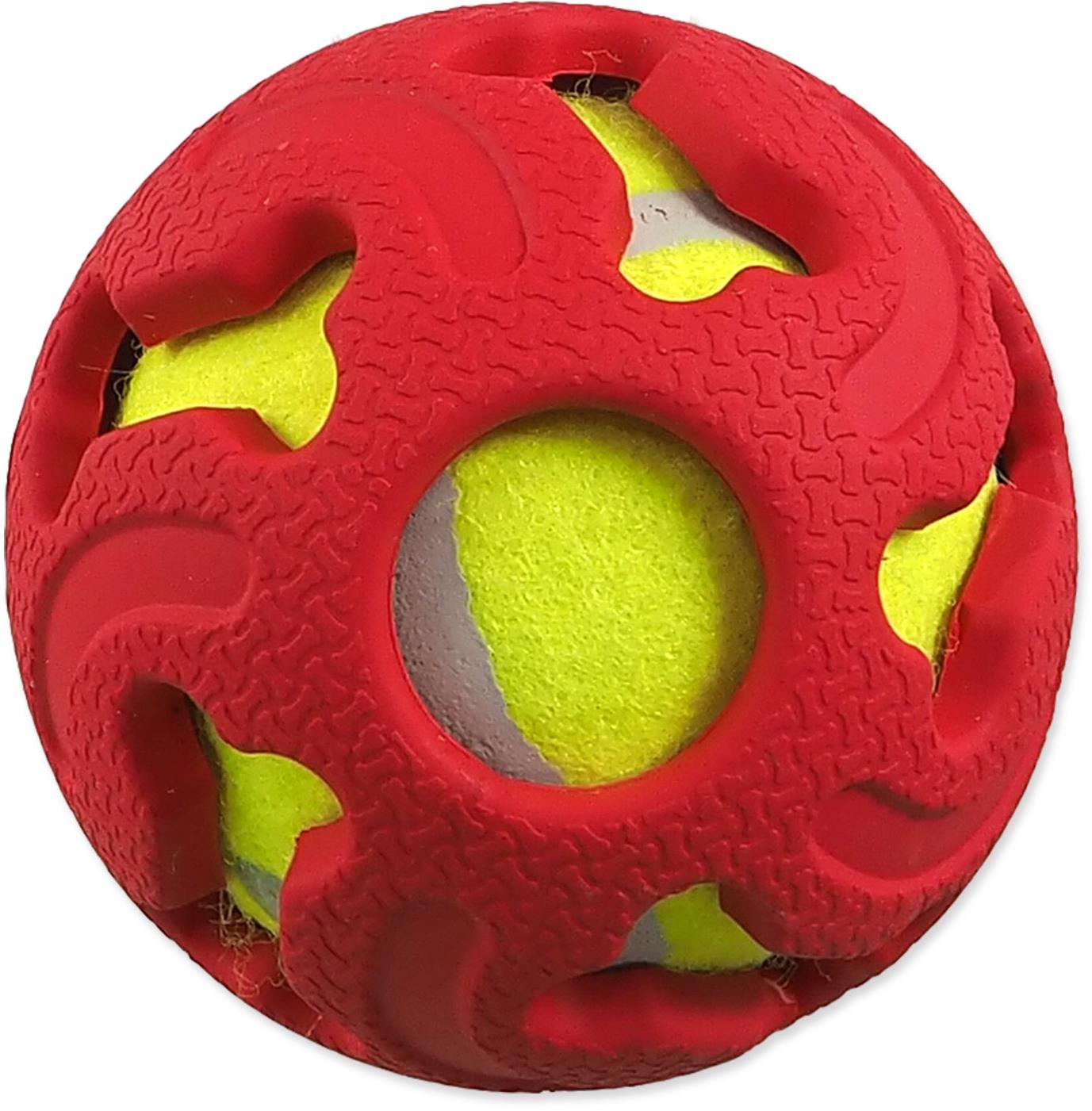 Loptička Dog Fantasy gumová s tenisovou loptičkou, červená 7,5 cm