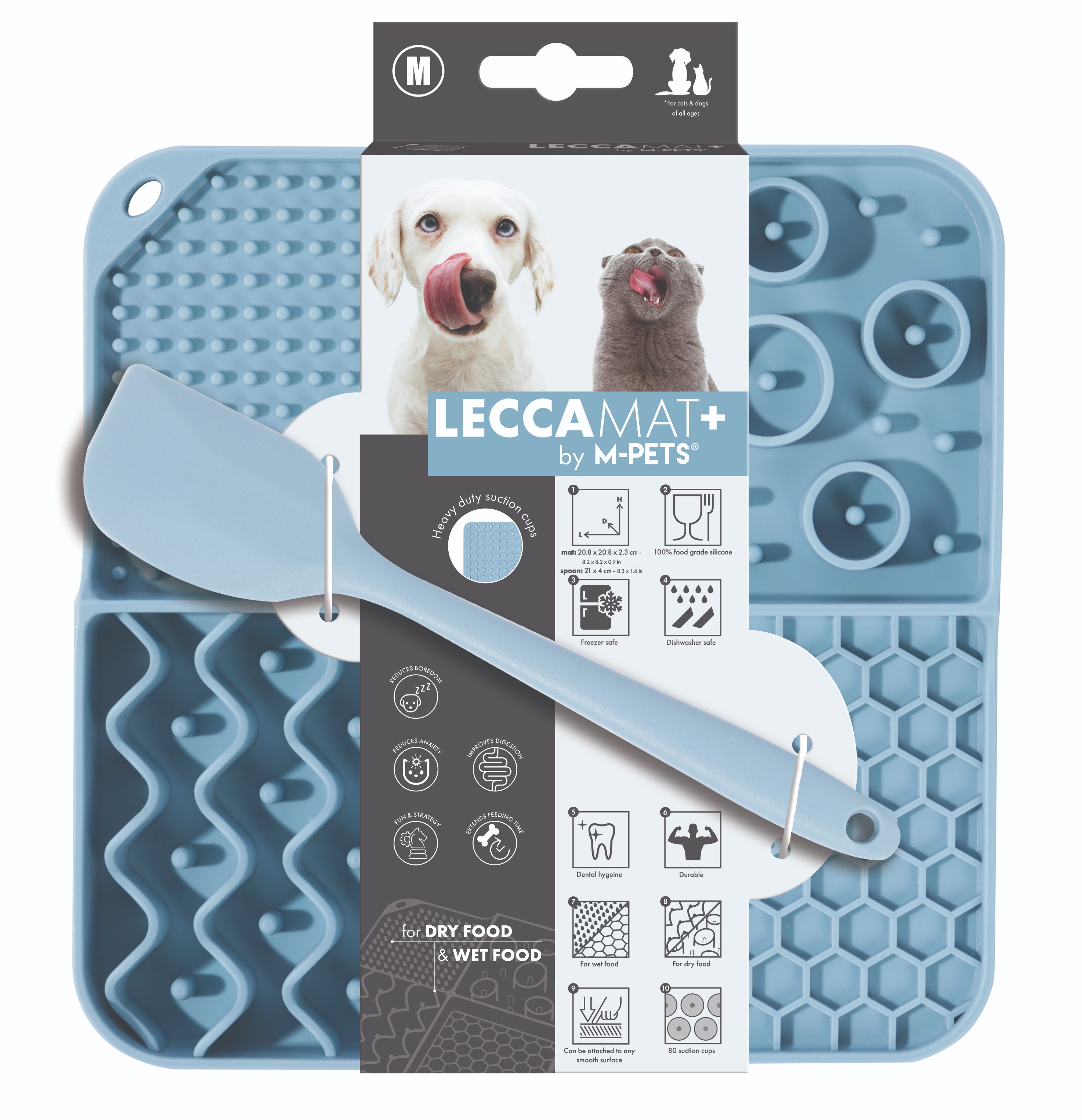 M-Pets LECCAMAT+ lízacia podložka s lyžičkou modrá M