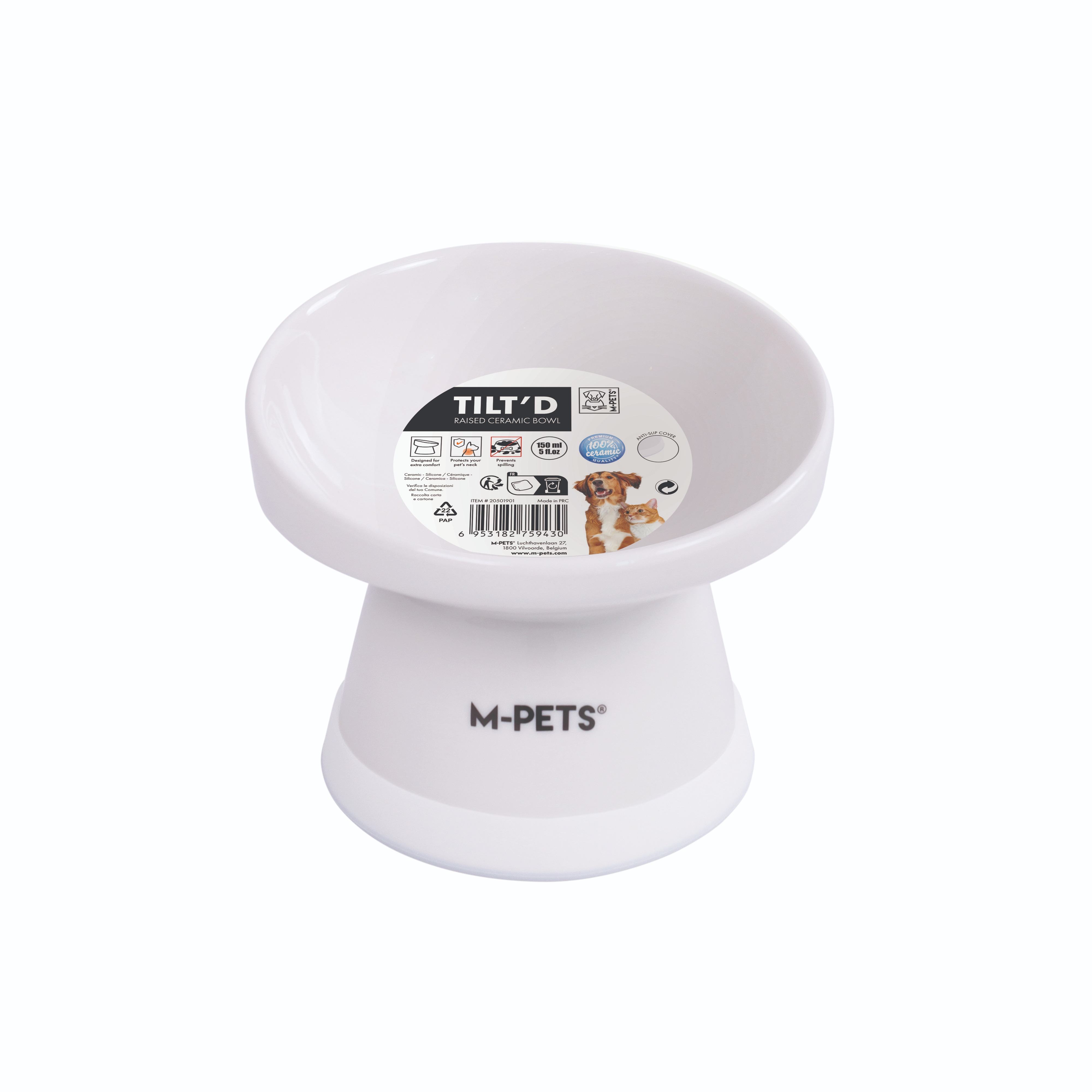 M-Pets TILT'D Vyvýšená keramická miska 150 ml biela
