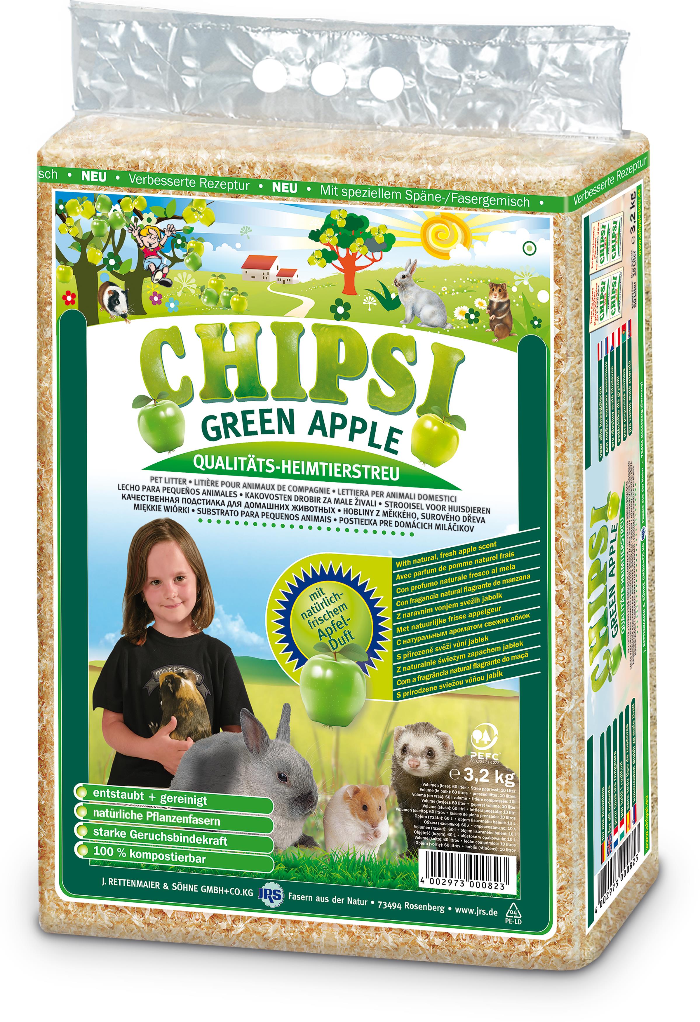 Chipsi Green Apple vysoko absorpčná podstielka s čerstvou prírodnou vôňou jabĺk 3,2 kg 60 l