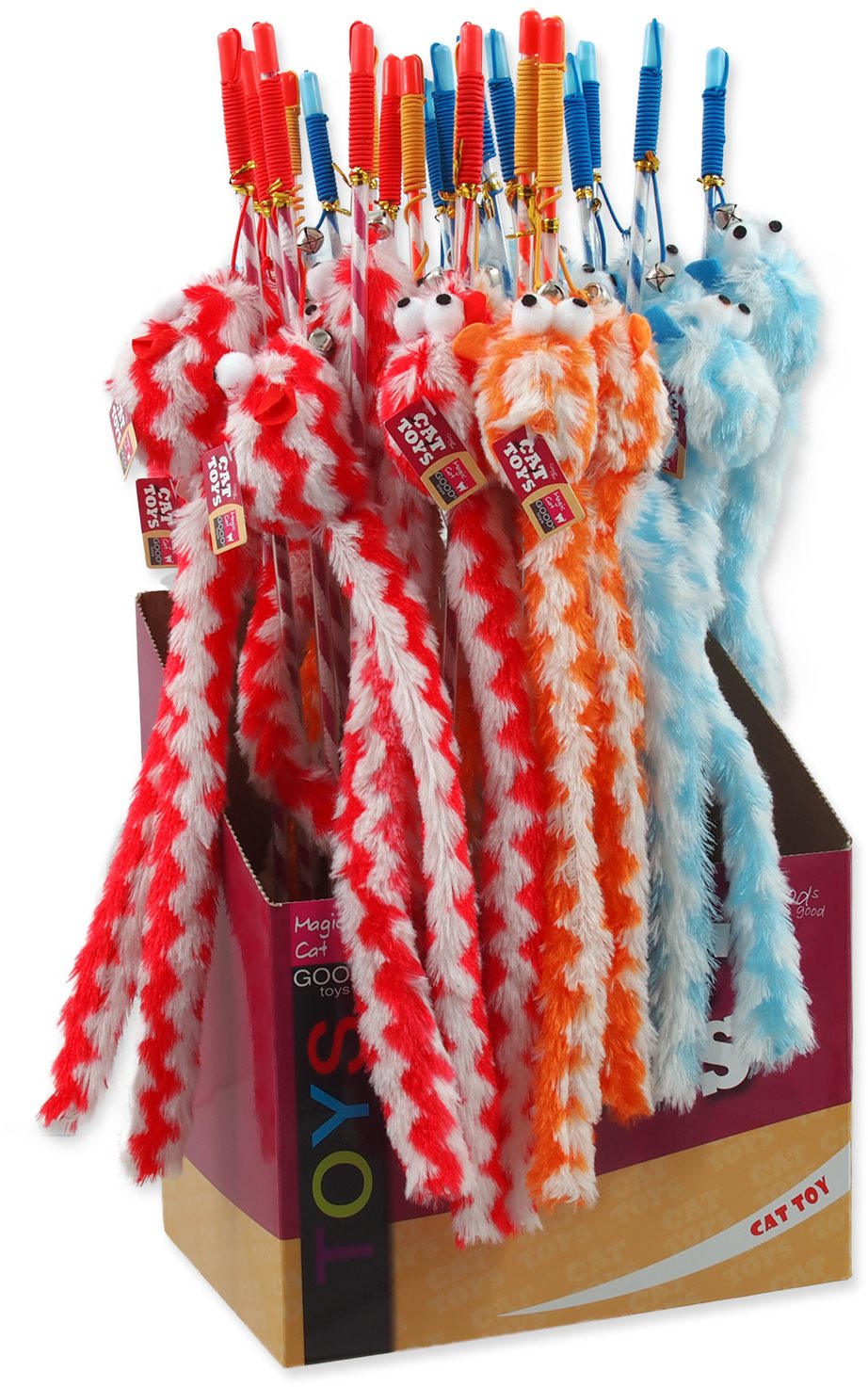 MAGIC CAT - Hračka s pierkami, myška, bavlna s catnipom, 23 cm + 45 cm, 24 ks