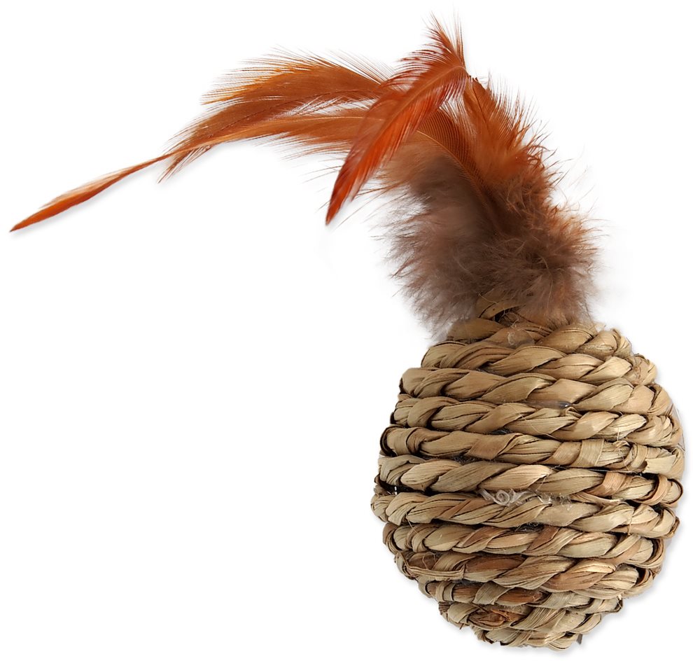 MAGIC CAT - Hračka, loptička morská tráva s pierkami, 9 cm