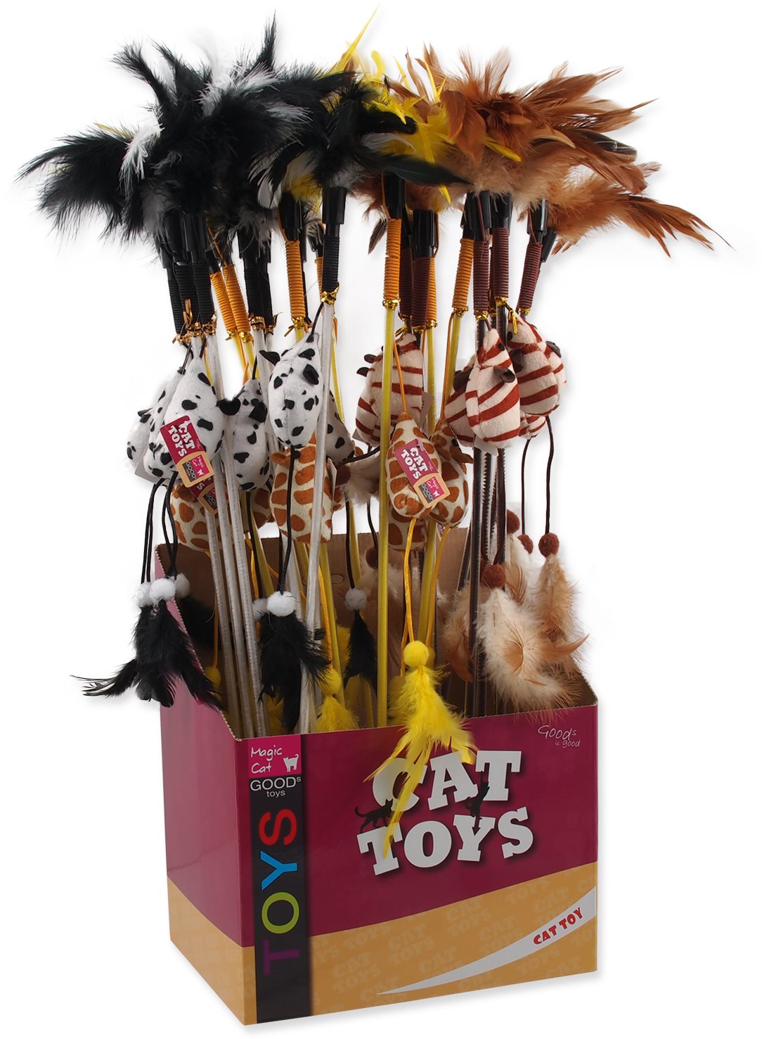 MAGIC CAT hračka mávatko myška s pierkami bavlna s catnip 20 cm + 46 cm 24 ks