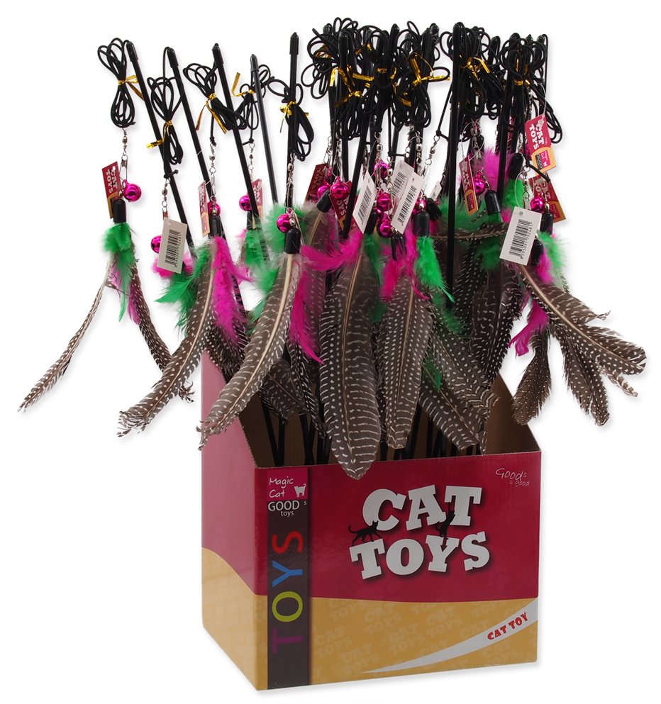 MAGIC CAT hračka prút s pierkami 19 cm + 46 cm 24 ks