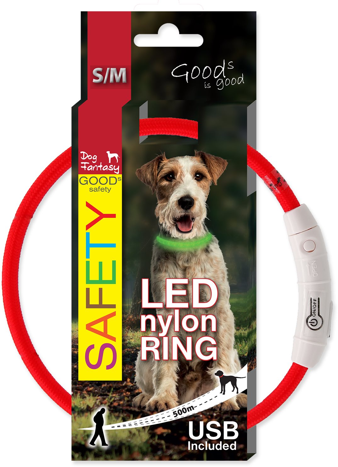 DOG FANTASY obojok LED nylon červený 45 cm