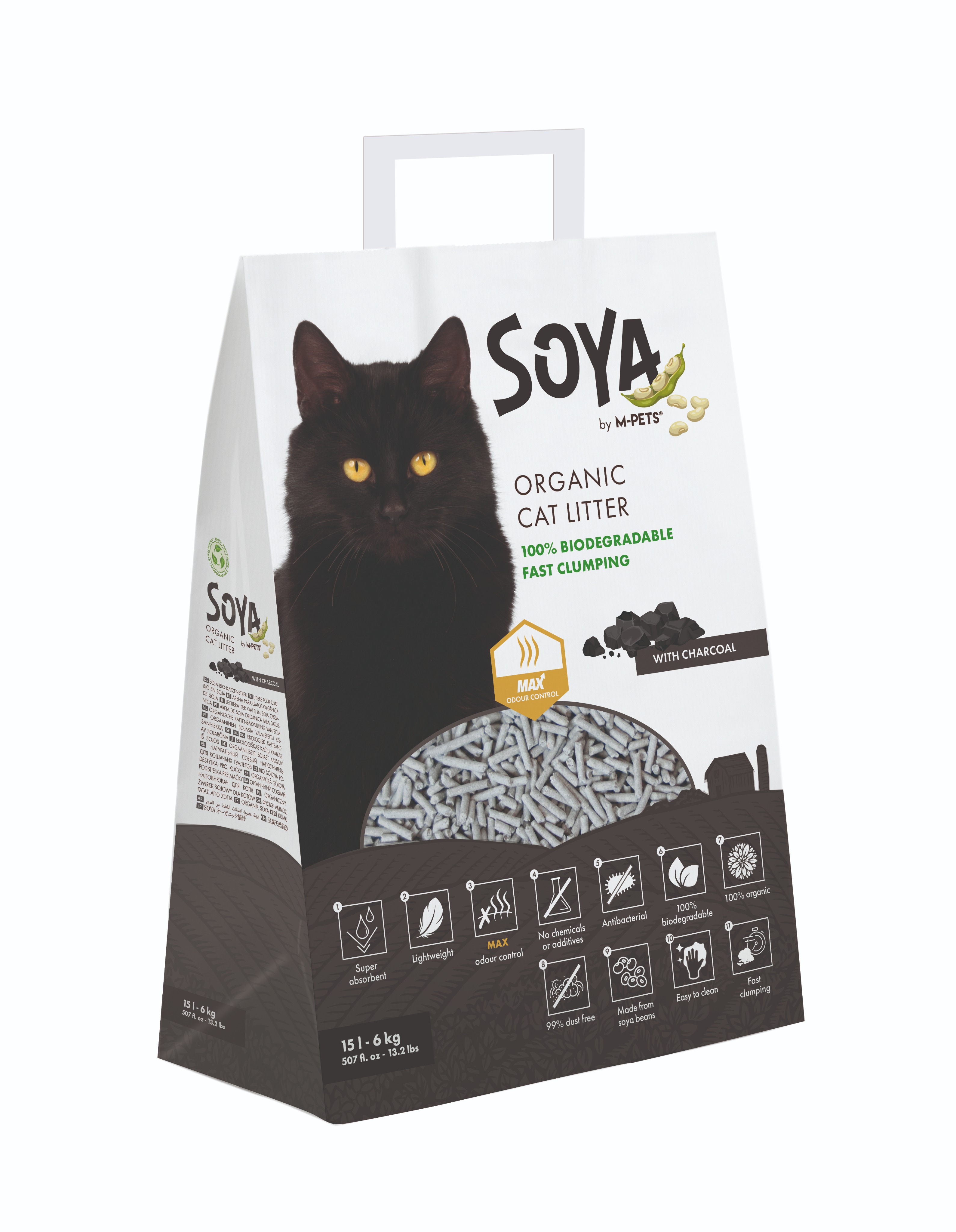 M-Pets Stelivo sójové s aktívnym uhlím 15 l