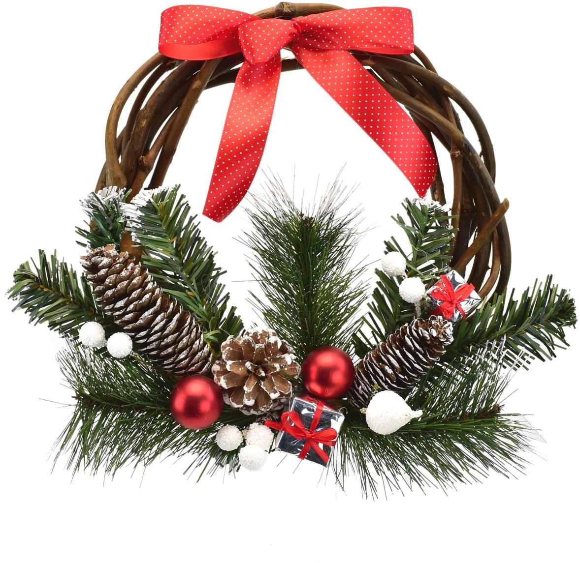 BerryHome Vianočný veniec – prútený s darčekmi a mašľou, 25 cm