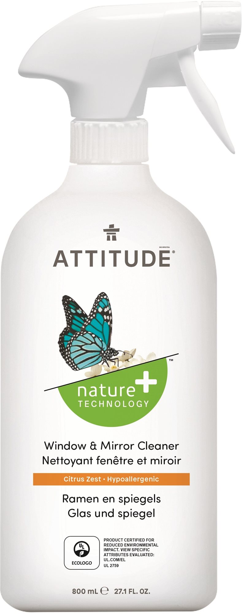 ATTITUDE – Čistič na sklo a zrkadlá s vôňou citrónovej kôry, 800 ml