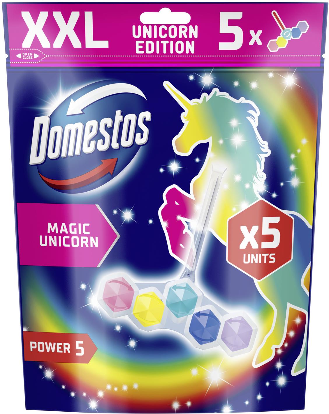 DOMESTOS Power5 osviežujúci blok na WC Magic Unicorn 5× 50 g