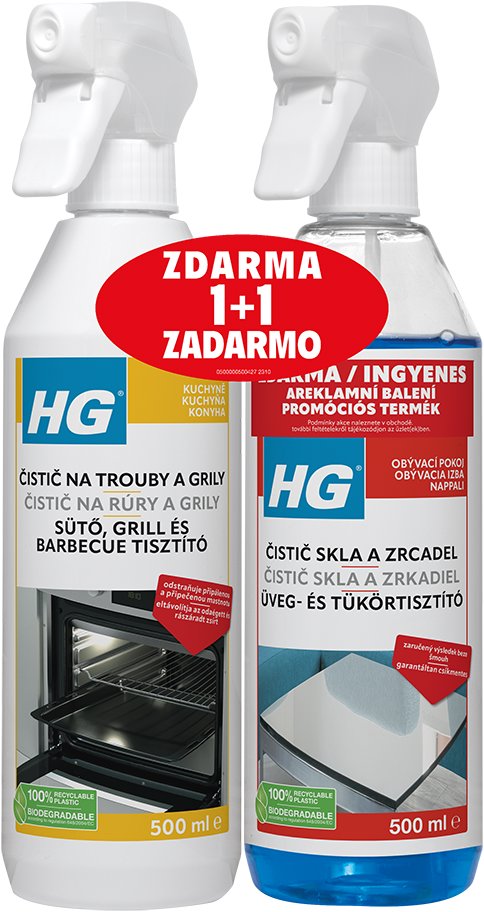 HG, čistič na rúry a grily + čistič skla a zrkadiel 500 ml + 500 ml