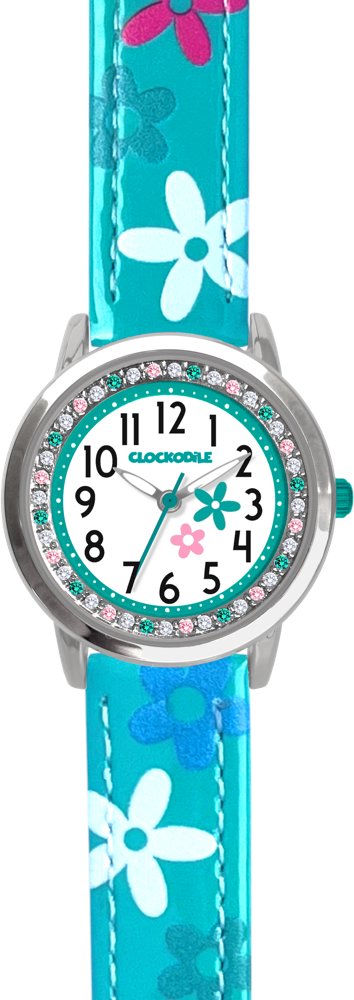 CLOCKODILE Detské hodinky s kamienkami a kvietkami, dievčenské, tyrkysové