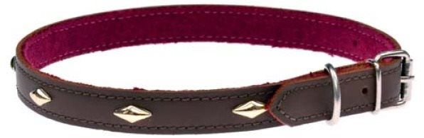 Cobbys Pet Obojok z pravej kože hnedý, podšitý a zdobený zlatými kosoštvorčekmi 20 mm/40 cm