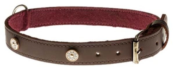 Cobbys Pet Obojok z pravej olejovej kože, hnedý, podšitý a zdobený zlatými nitmi s kryštálmi 25 mm/65 cm
