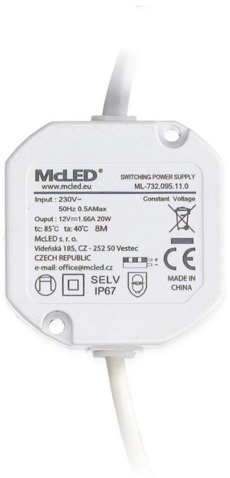 McLED Napájací zdroj 20 W, DC12 V/1,67 A, IP67, do elektroinštalačnej krabice