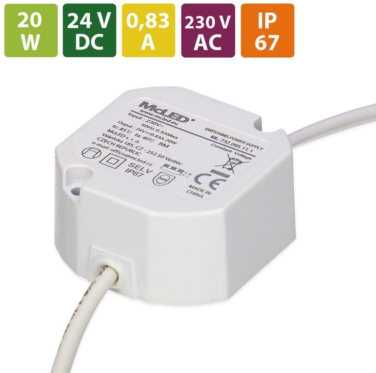 McLED Napájací zdroj 20 W, DC24V/0,63 A, IP67, do elektroinstalačnej krabice