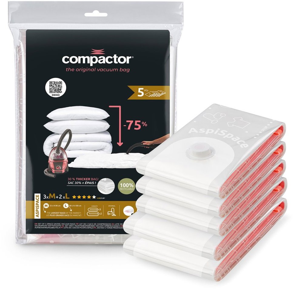 Compactor Súprava vákuových úložných vriec Bag Aspispace 3× M 70 litrov + 2× L 120 litrov