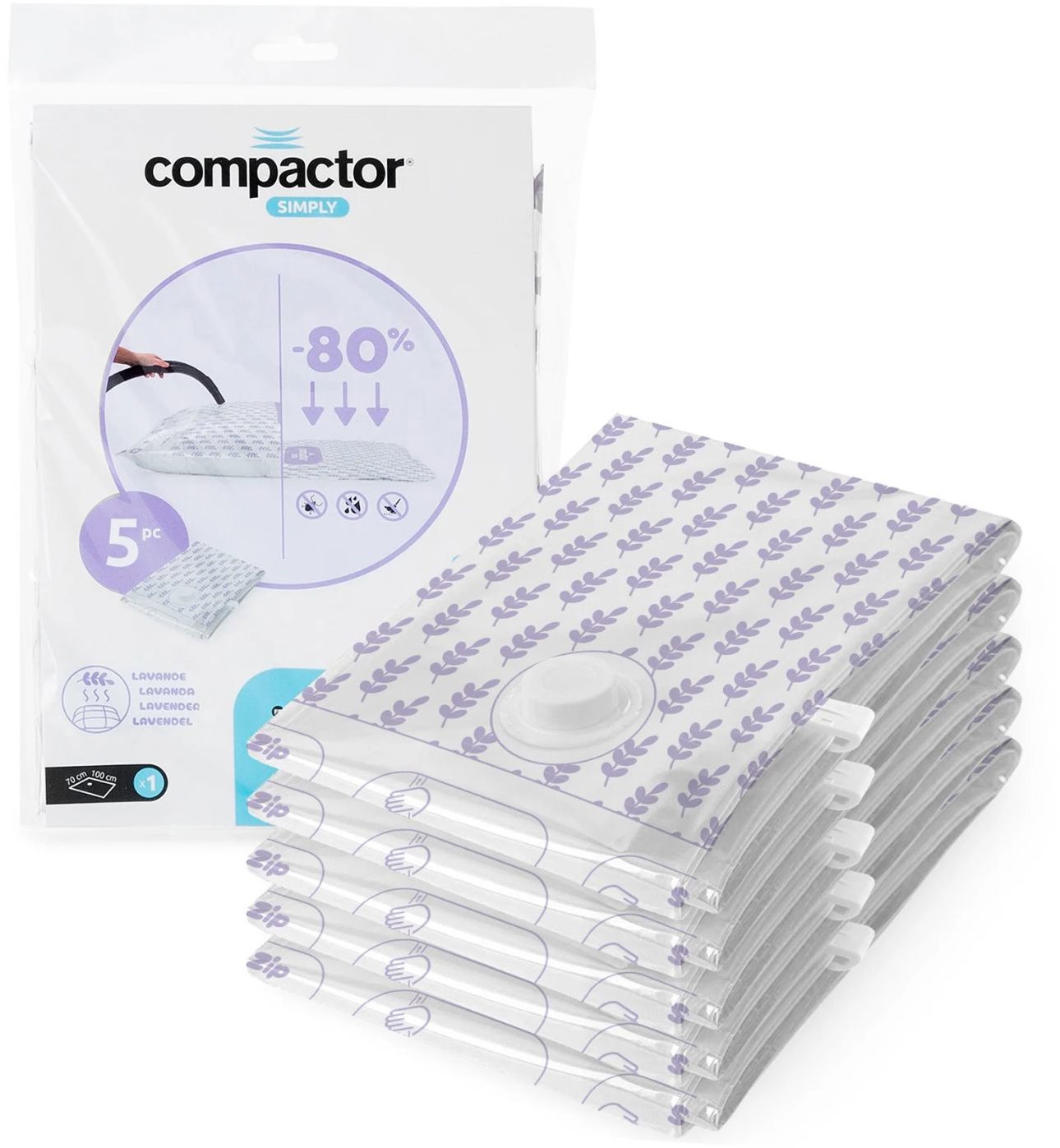 Compactor Compress Súprava vákuových úložných vriec 5× L 100 litrov, 70 x 100 cm, levanduľa
