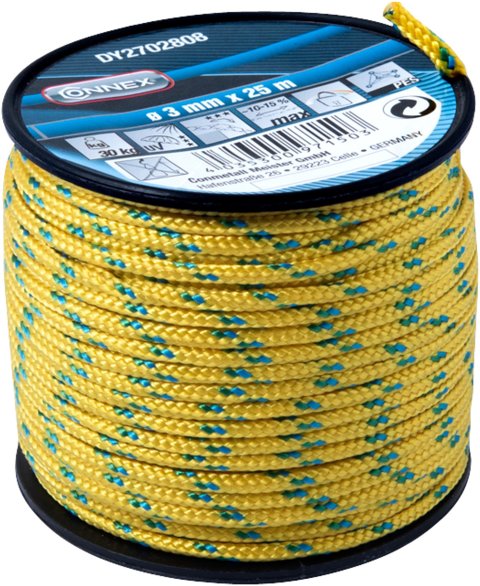 CONNEX PES pletená šnúra 16-pramenná, 3 mm × 25 m, žltá/zelená/modrá