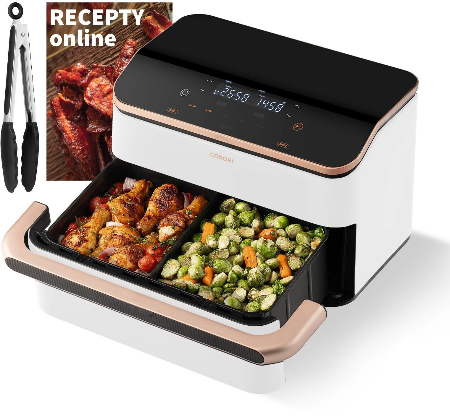 Cosori Dual Blaze TwinFry Smart 10L modulárny kôš + kliešte, biela