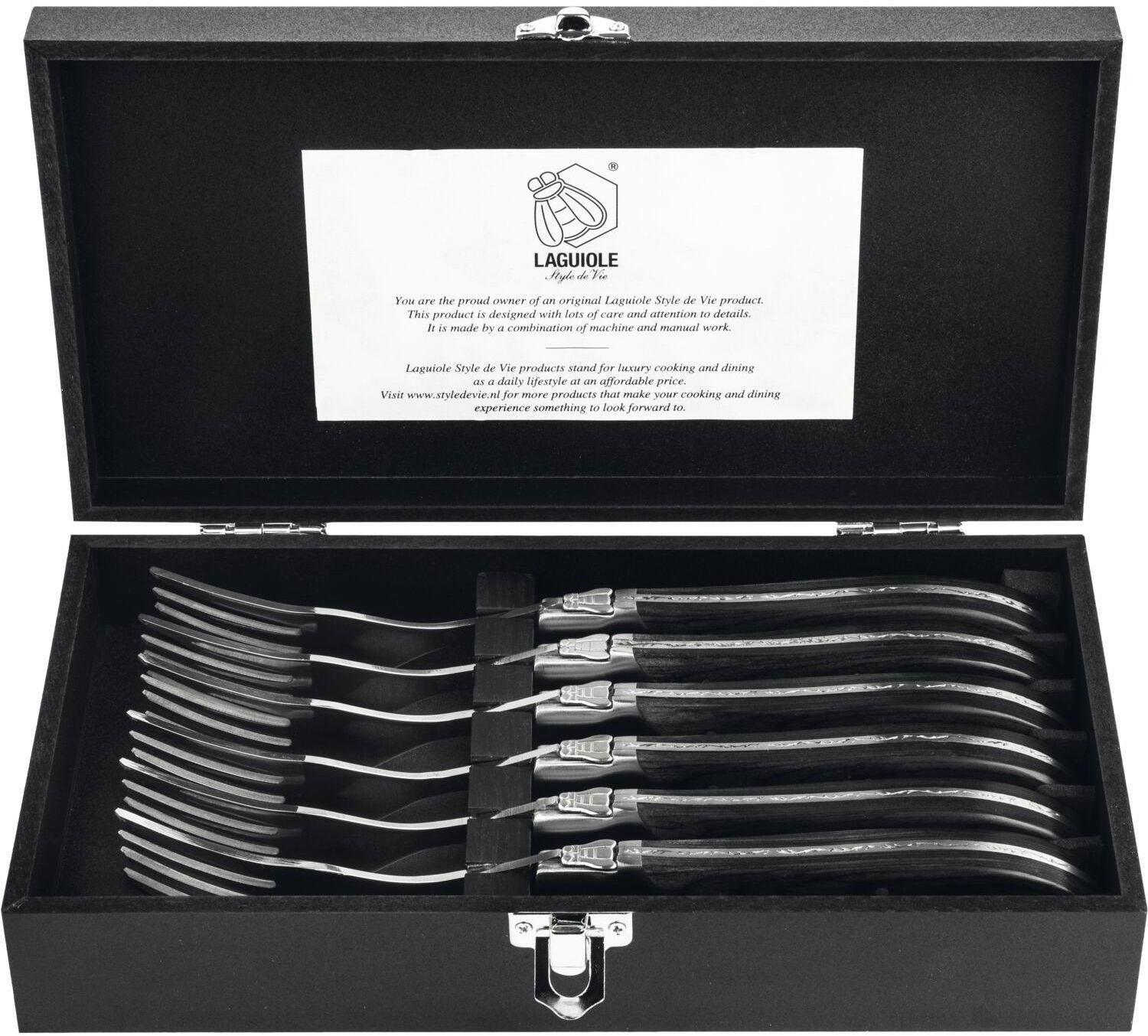 Lou Laguiole Luxury Line Sada steakových vidliček, rukojeť z černého ebenu, 6 ks, délka 250 mm