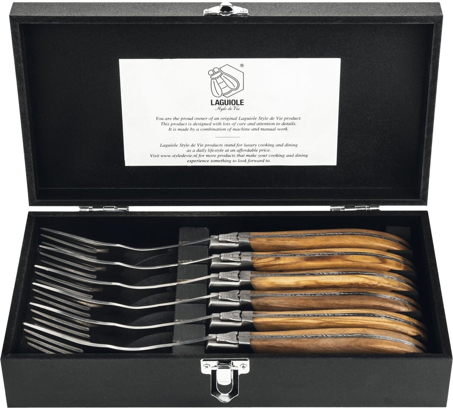 Lou Laguiole Luxury Line Sada steakových vidliček, rukojeť z olivového dřeva, 6 ks, délka: 230 mm