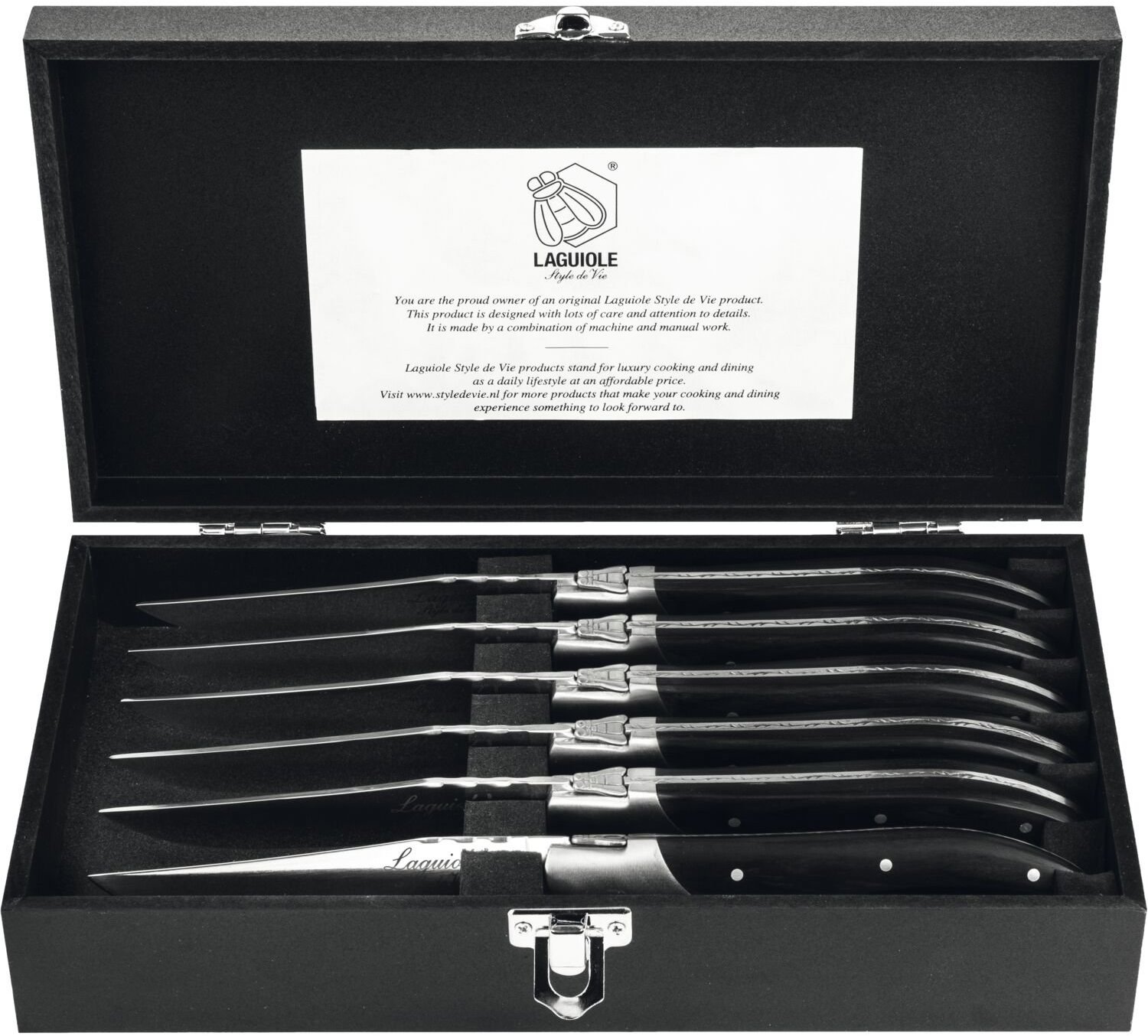 Lou Laguiole Luxury Line Steakové nože, rukojeť z černého ebenu, 6 ks, délka: 230 mm