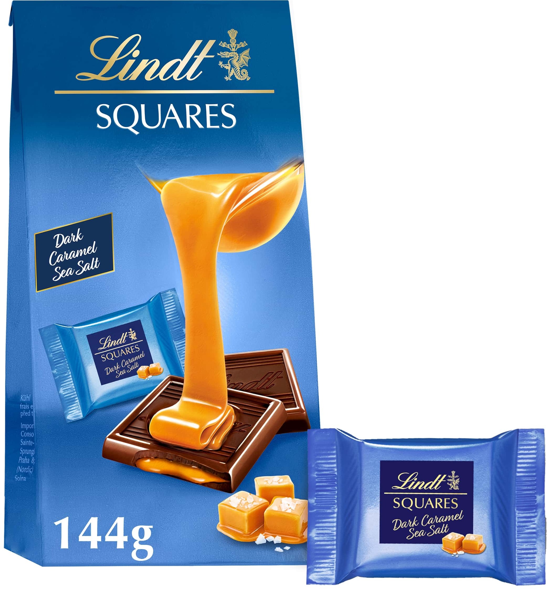 LINDT Squares Horká Čokoláda S Karamelovou Náplňou A Morskou Soľou 144 g