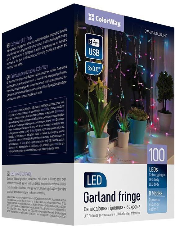 ColorWay CW-GF-100L36UMC, LED girlanda, 100× LED, Viacfarebná, Dĺžka 3 m × 0,6 m, USB