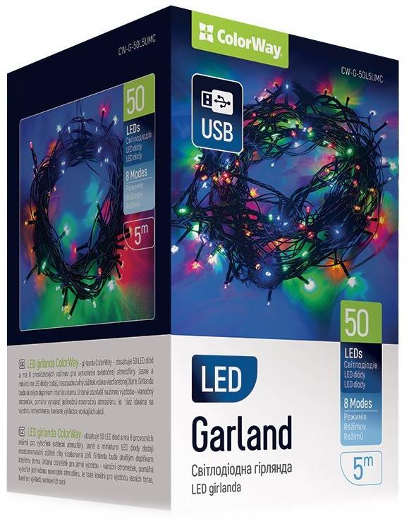 ColorWay CW-G-50L5UMC, LED reťaz, 50× LED, Viacfarebná, Dĺžka 5 m, USB