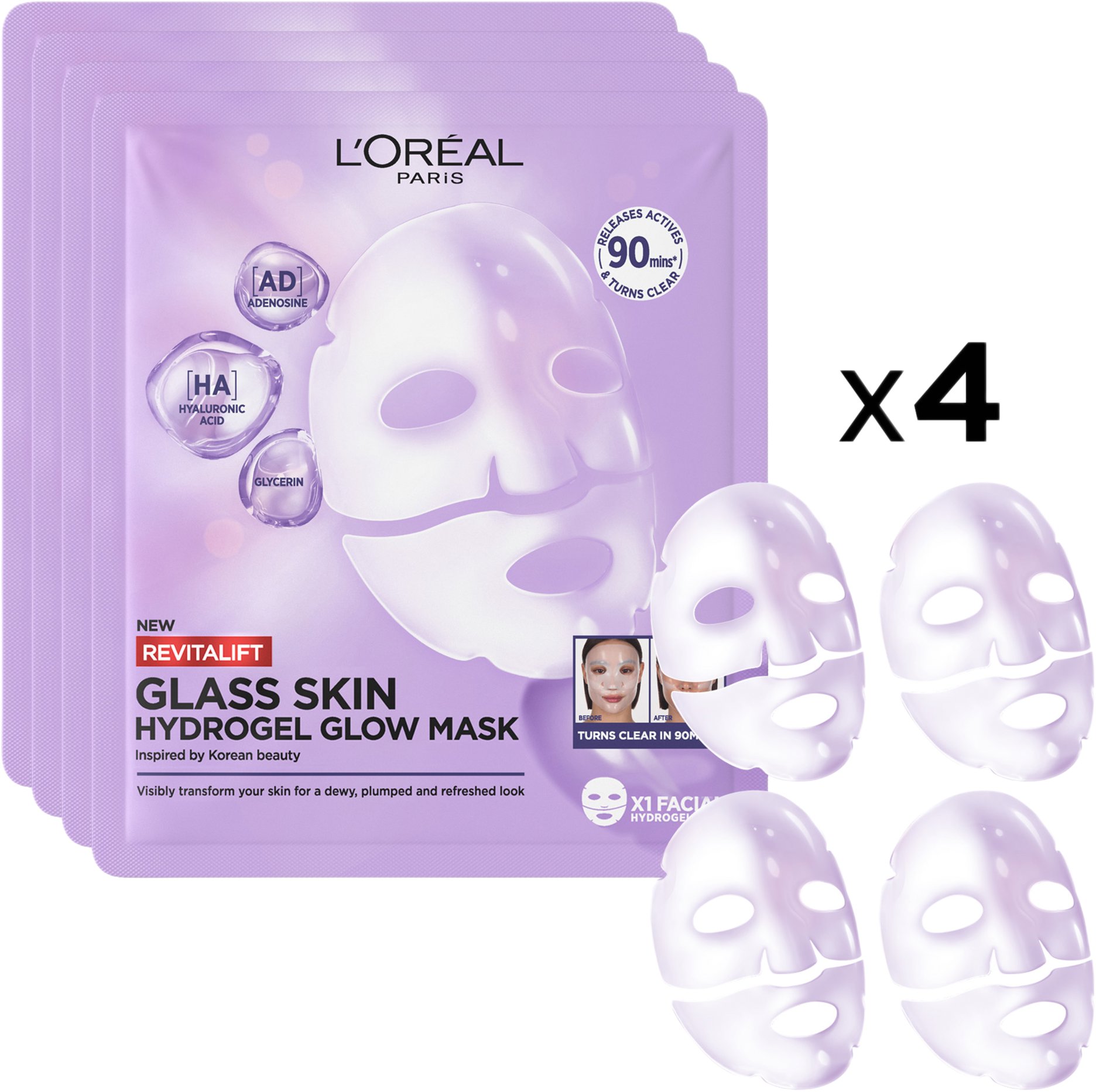 L'ORÉAL PARIS Revitalift Filler Glass Skin hydrogélová rozjasňujúca maska box, 4 ks