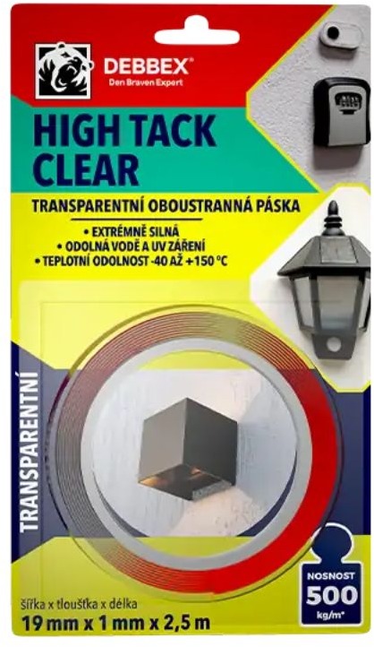 Den Braven – Obojstranná páska HIGH TACK CLEAR, 19 mm × 1 mm × 2,5 m
