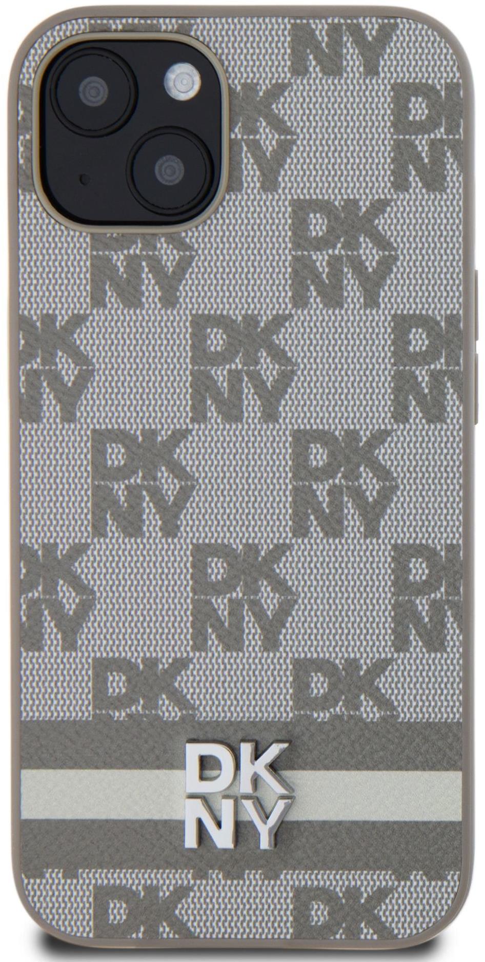 DKNY PU Leather Checkered Pattern and Stripe Zadný Kryt na iPhone 13 Beige