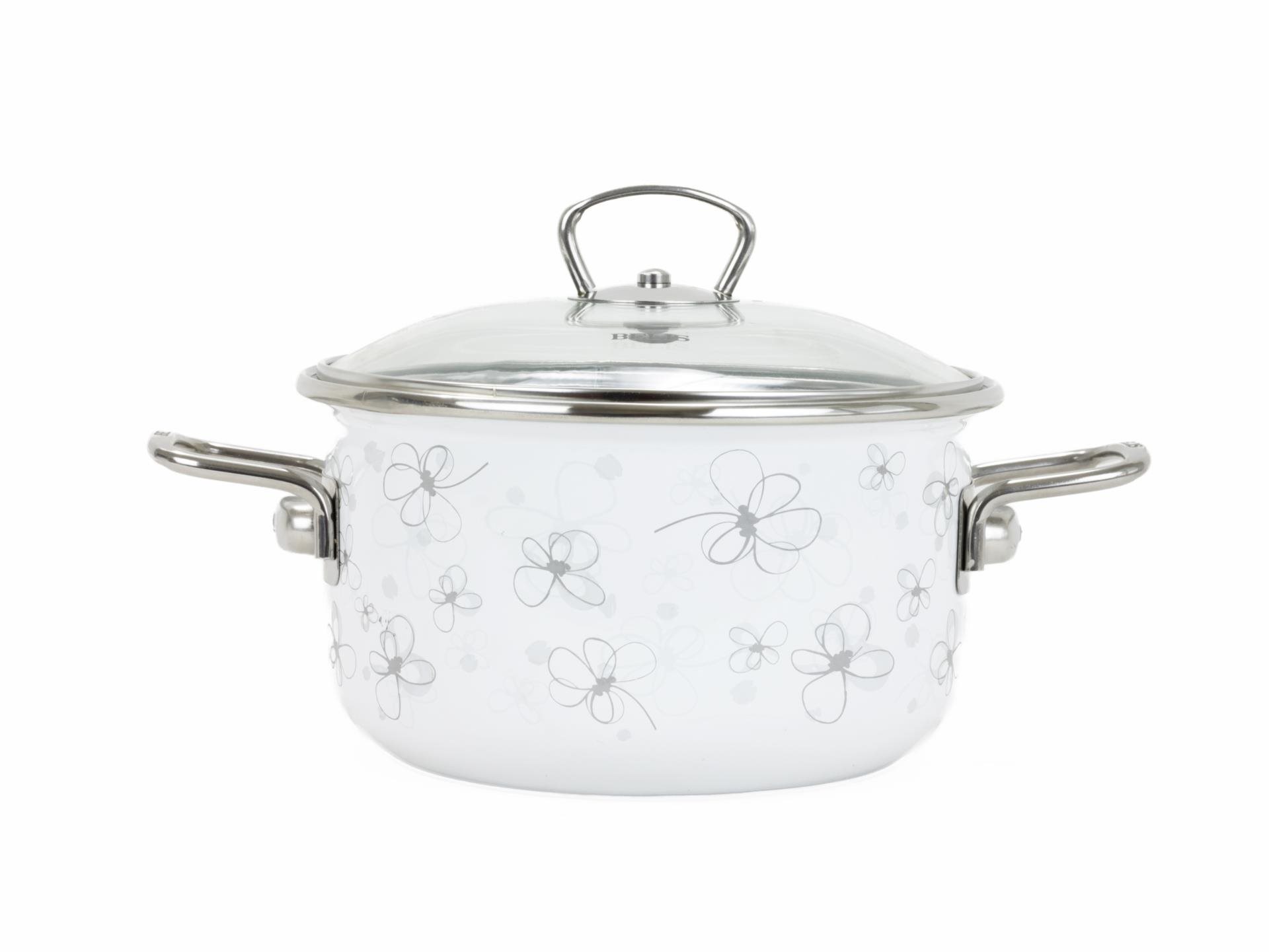 BELIS Smaltovaný hrniec so sklenenou pokrievkou Premium biely 16 cm, 1,5 l