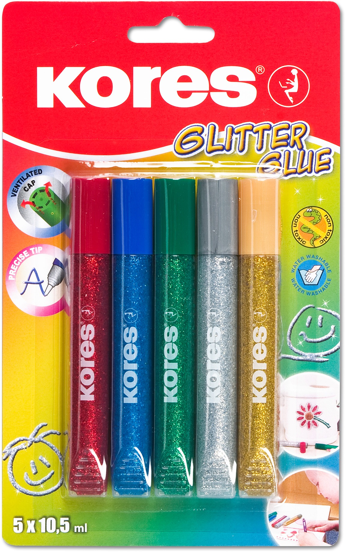 KORES Glitter glue 5× 10,5 ml, s trblietkami
