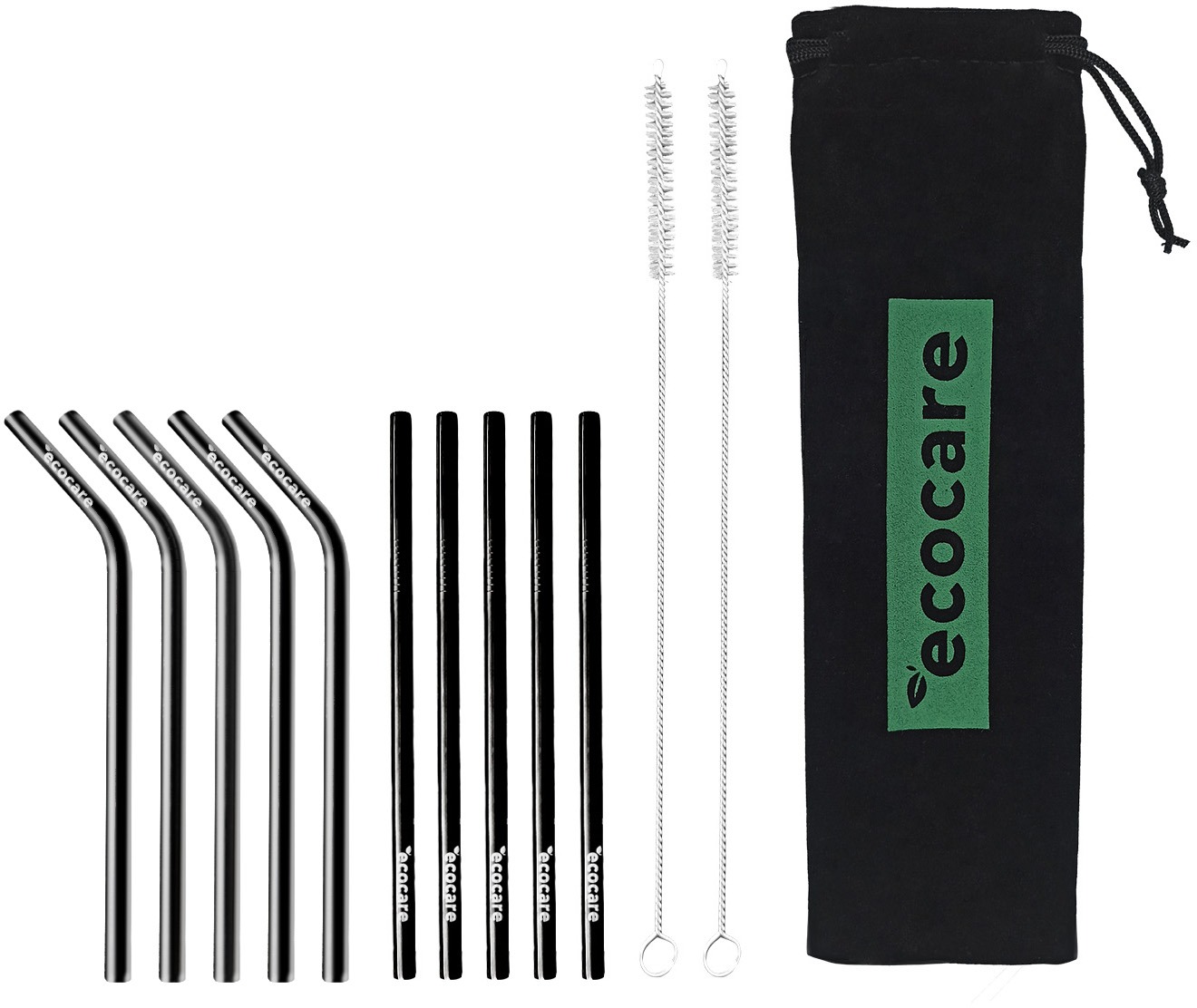 ECOCARE ekologická kovová slamka Set Black 16 × 0,6 cm (10 ks)