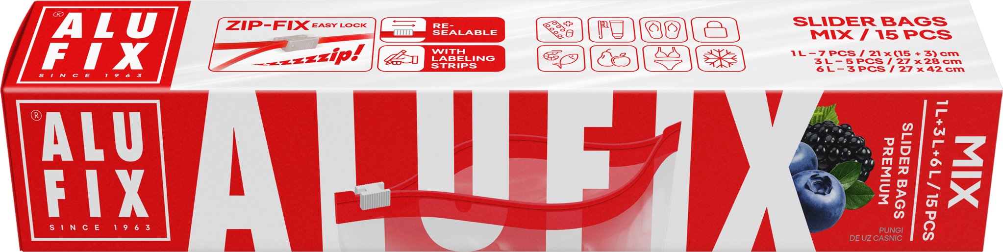 ALUFIX Vrecká so zipsom mix 15 ks (1 l + 3 l + 6 l)