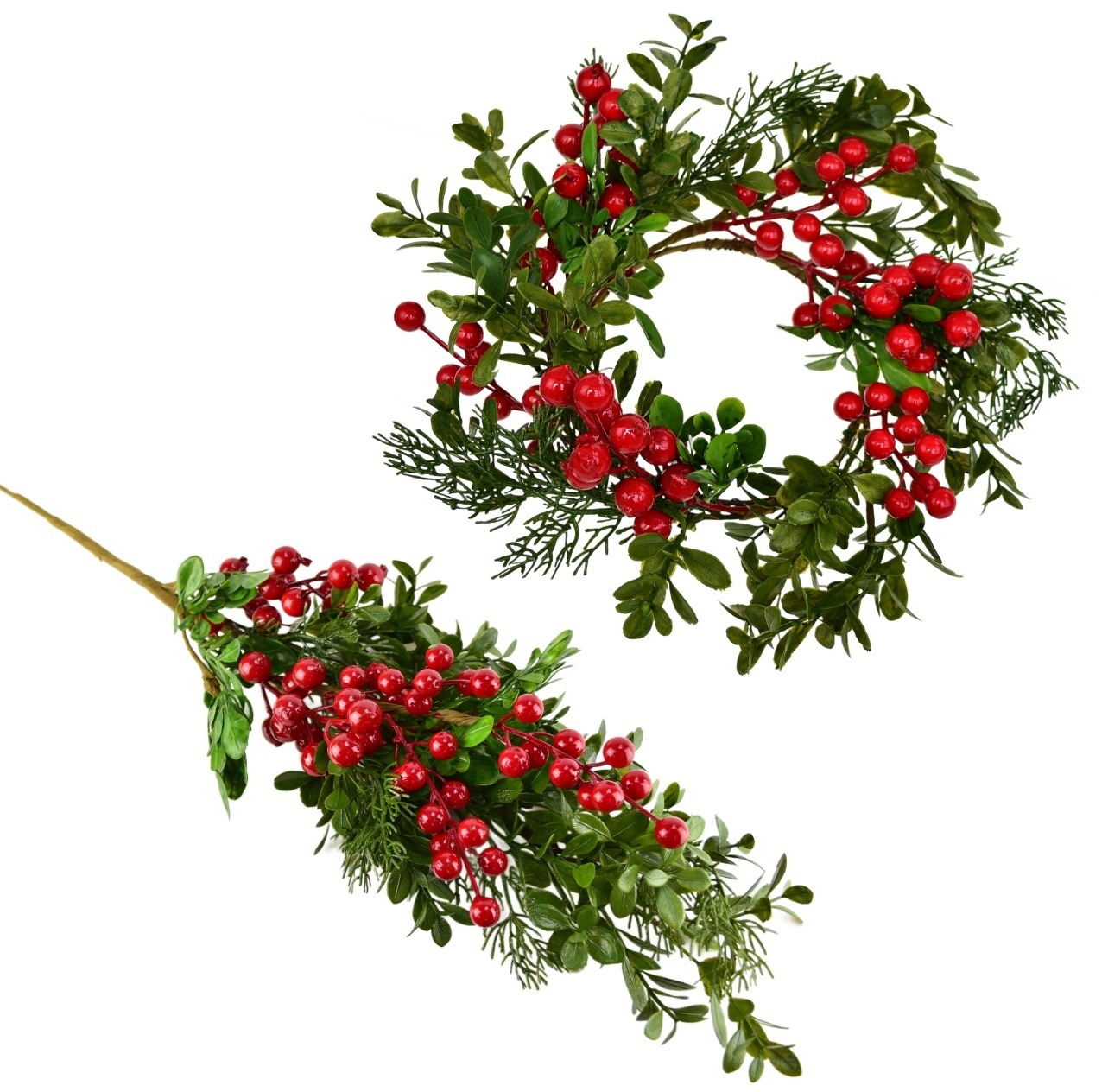 BerryHome Veniec a vetva zdobený borievkou a bazou, priemer 30, dĺžka 70 cm
