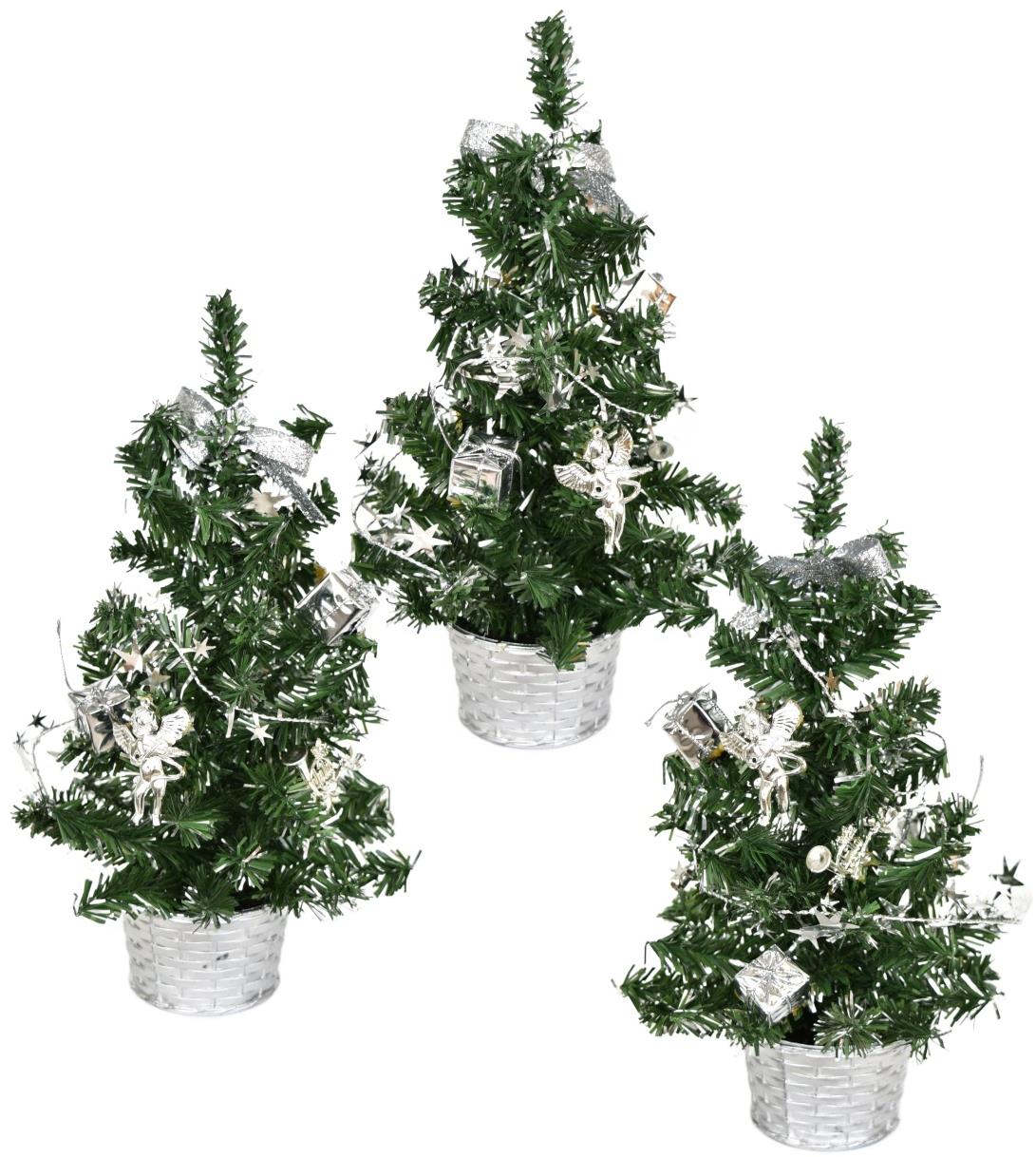 BerryHome Vianočný stromček zdobený – strieborný, 25 cm, 3 ks