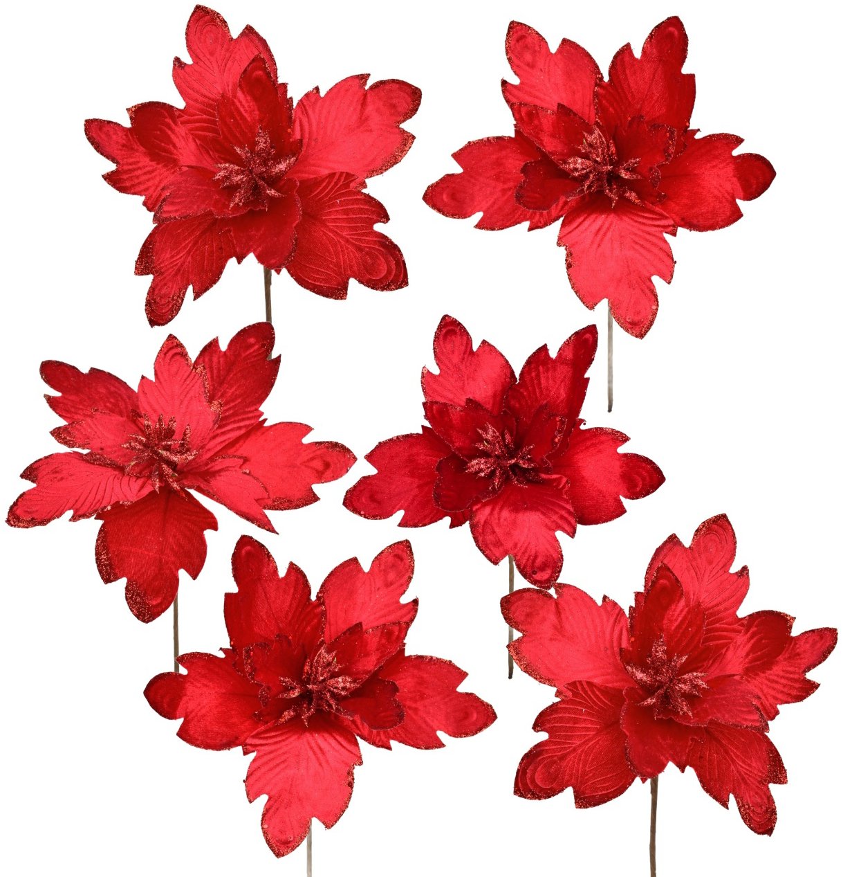 BerryHome Poinsetia kvet – zápich textilný, priemer 30 cm, 6 ks, trblietavá červená