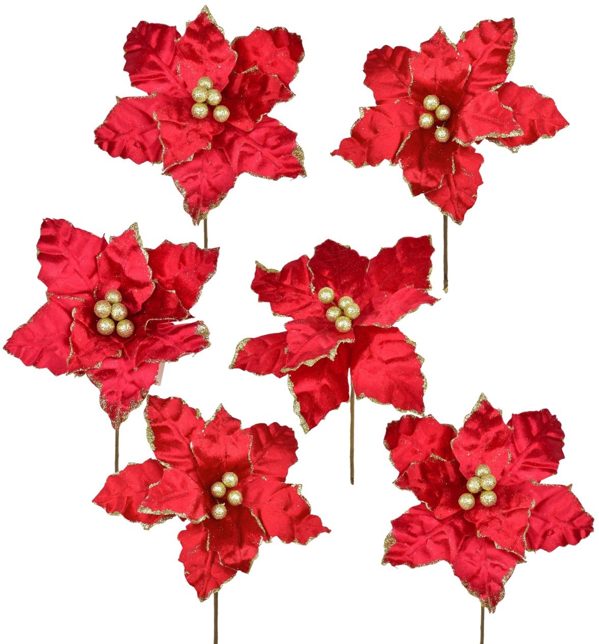 BerryHome Poinsetia kvet – zápich textilný, priemer 25 cm, 6 ks, trblietavá červená