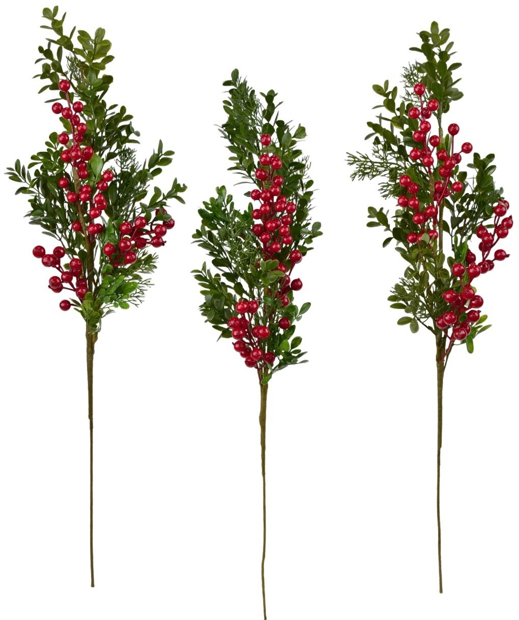 BerryHome Vetva zdobená borievkou a bazou 70 cm, sada 3 ks