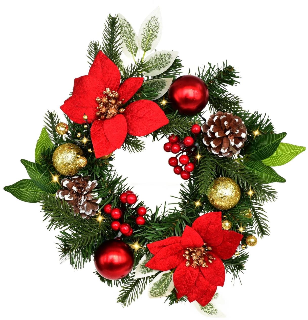 BerryHome Veniec s červenou poinsettiou 10× LED, 30 cm