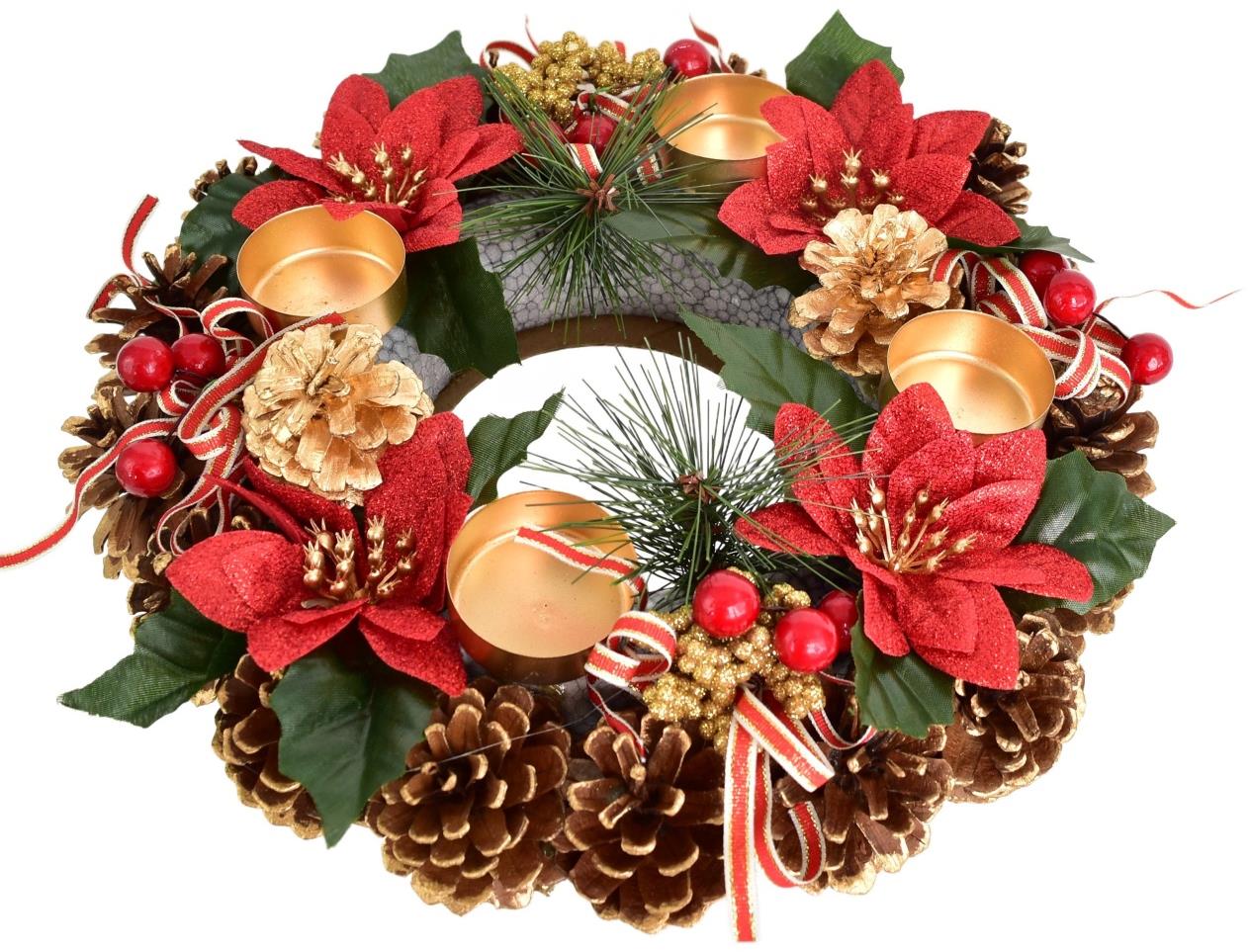 BerryHome Vianočný svietnik – šiškový s ponsetiami, 8 × 30 cm