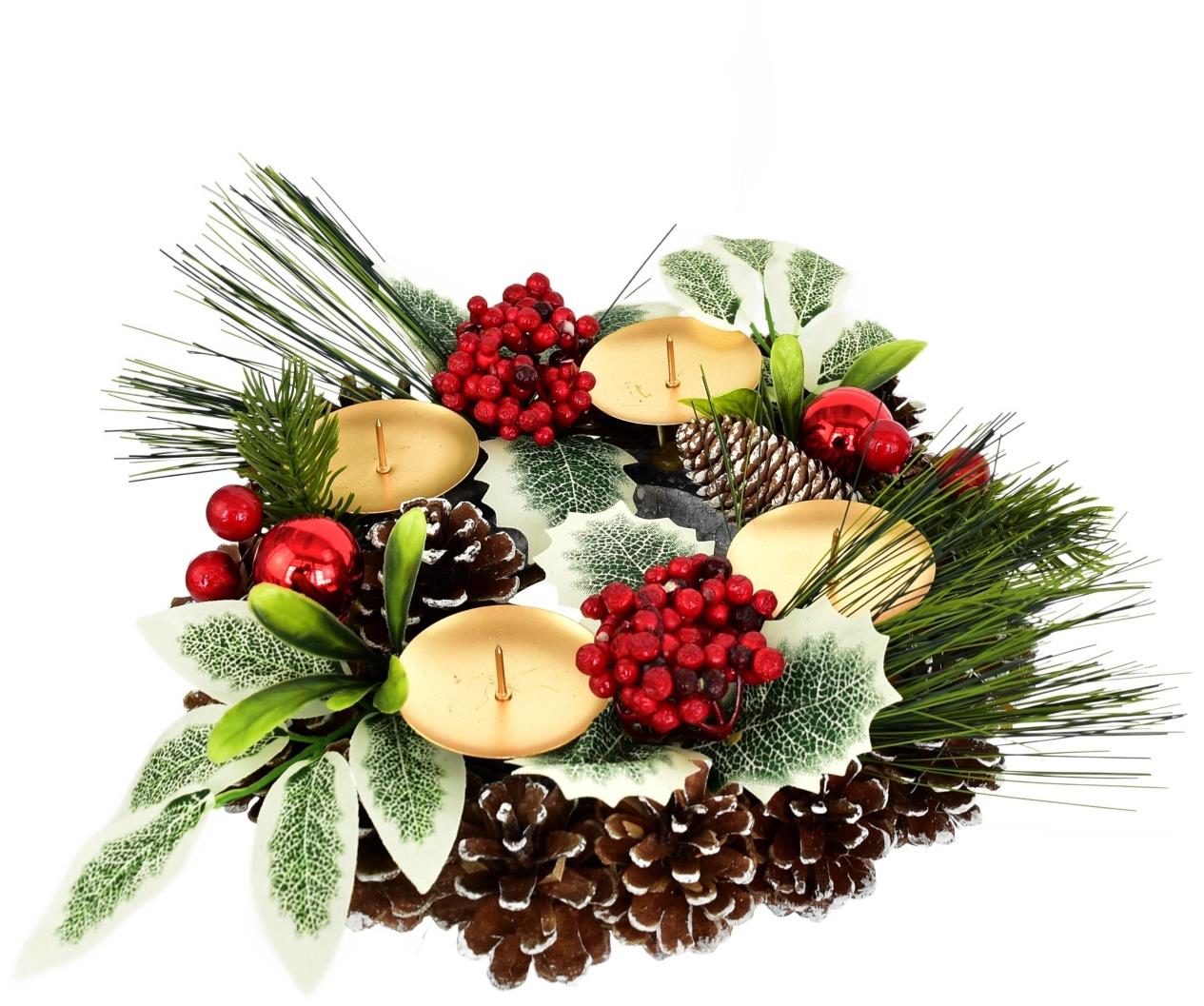 BerryHome Vianočný svietnik – šiškový s cezmínou, 7 × 24 cm