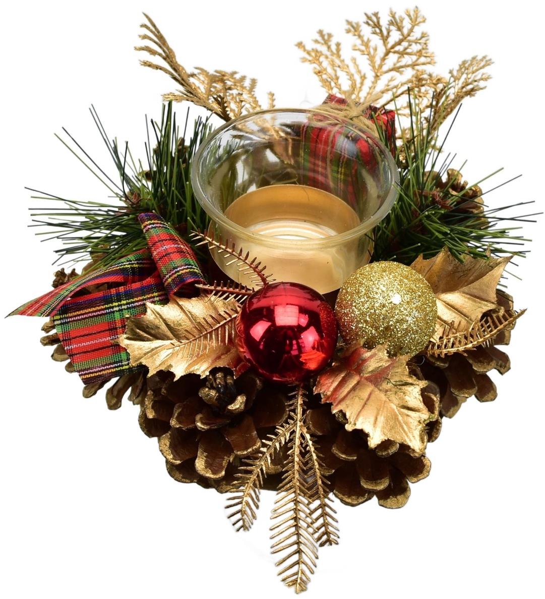 DOMMIO Vianočný svietnik – šiškový, červeno/zlatý, 15 cm