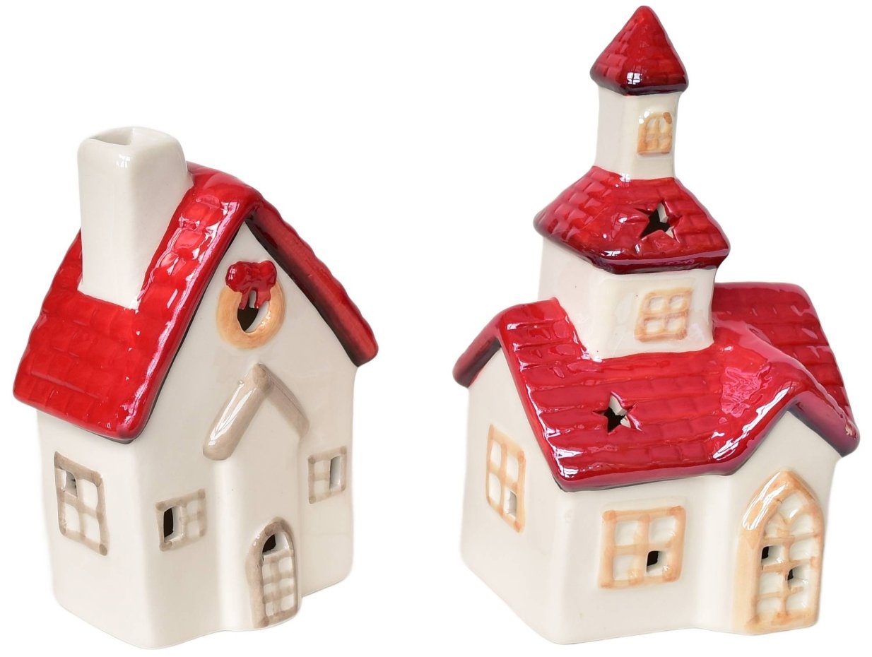 BerryHome Kostol 16 cm a domček 13 cm keramický s LED osvetlením, súprava 2 ks