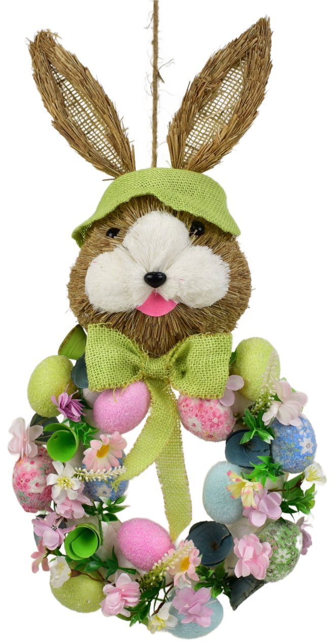 BerryHome Veľkonočná dekorácia – Veniec so zajacom a vajíčkami, zelený, 57 × 25 cm