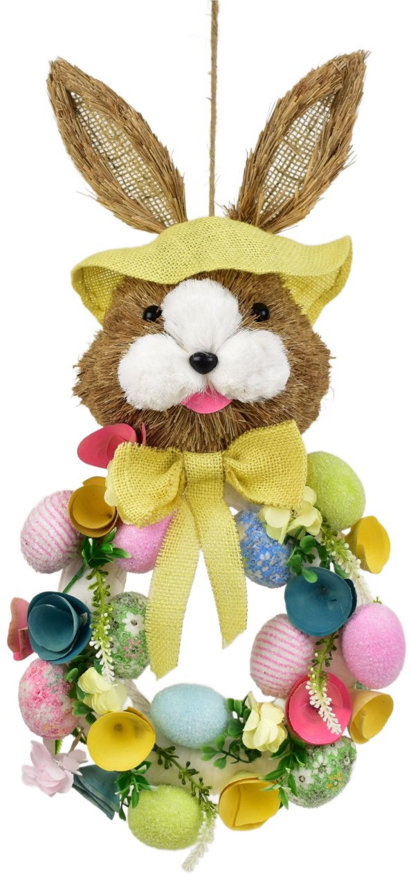 BerryHome Veľkonočná dekorácia – Veniec so zajacom a vajíčkami, žltý, 57 × 25 cm