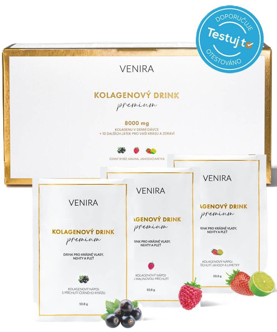 VENIRA PREMIUM Kolagénový drink, mix príchutí jahoda-limetka, čierne ríbezle, malina 30× 10,8 g