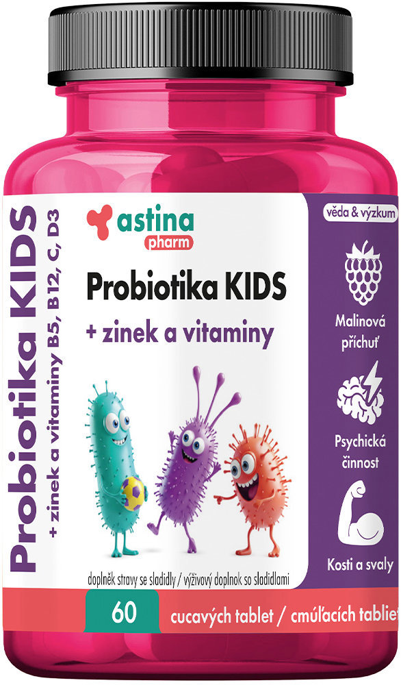 Astina Pharm Probiotiká KIDS so zinkom a vitamínmi 60 cmúľacích tabliet, so sladidlami